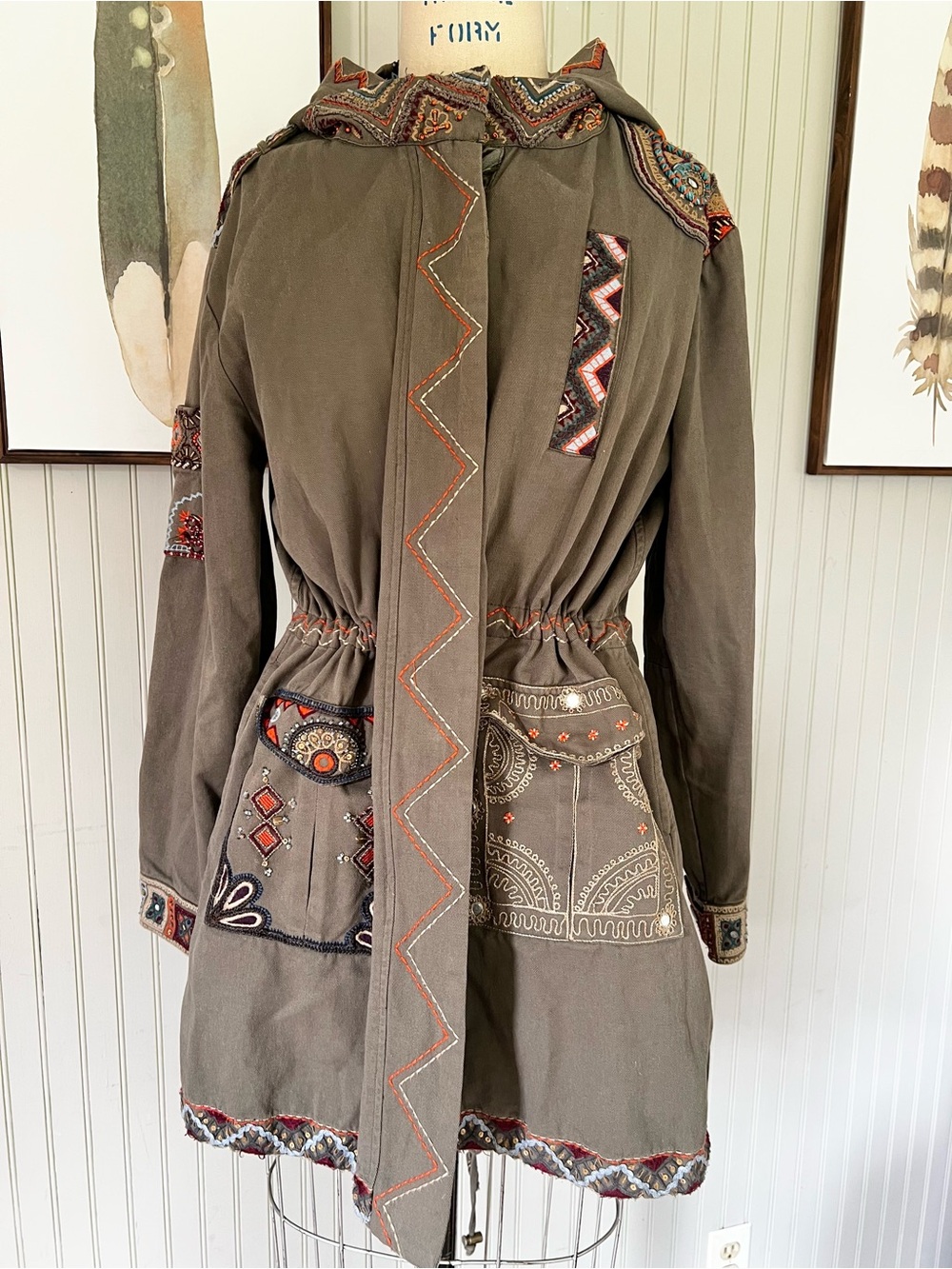 Woman’s Embroidered & Beaded Boho Army Green Long Utility Jacket
